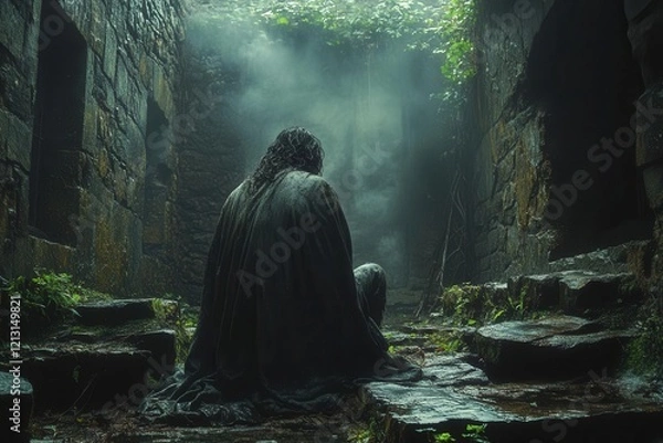 Fototapeta john the baptist depicted in a dimly lit prison cell reflects solemnly on his fate surrounded by stone walls the scene conveys a powerful sense of isolation and the weight of prophetic duty