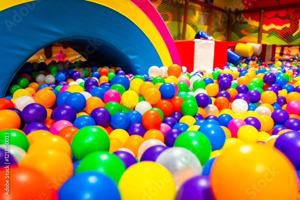 Fototapeta A vibrant ball pit filled with colorful balls and a rainbow soft structure.