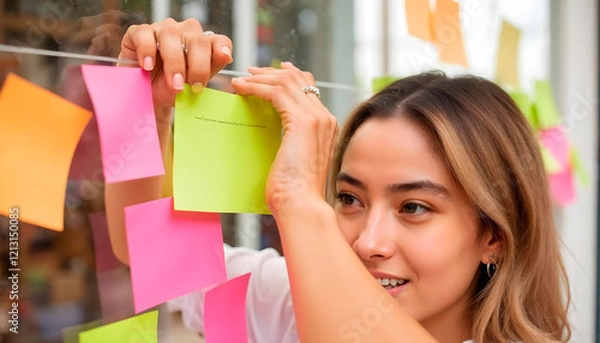 Fototapeta Creative team planning project using sticky notes on glass wall