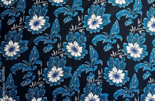 Fototapeta Floral batik pattern fabric. Design features blue flowers, leaves on dark navy background. Pattern repeated creating over textile design. Looks like traditional batik textile from Asia. Perfect for