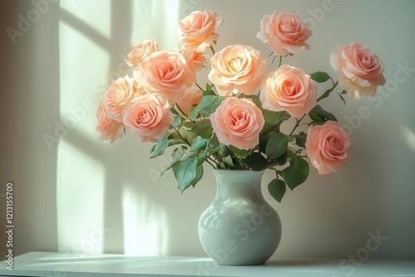 Fototapeta light pink roses in a glass vase sit gracefully on a white sideboard set against a soft neutral wall exuding elegance and tranquility in a minimalist arrangement