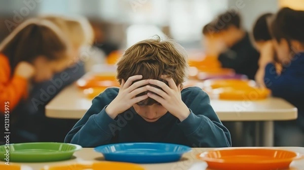 Fototapeta Child with autism seated in school cafeteria showing signs of distress during lunchtime activities with peers