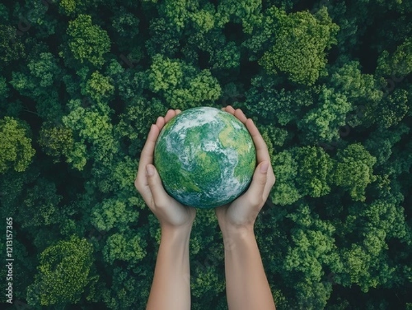 Obraz Hands holding globe on green nature forest background