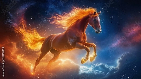 Obraz A horse with a fiery mane is running through the sky. The sky is filled with clouds and stars, creating a dreamy and ethereal atmosphere