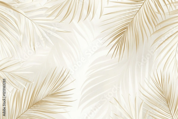 Fototapeta Soft tropical palm frond pattern in neutral ivory and beige tones with airy spacing on a white background