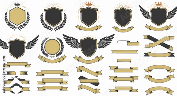 Obraz Laurel wreath , shield , wing , ribbon , and banners vector set . Laurel wreath s, shield s, wing s, ribbon s illustration for awards , heraldry , logos , badges , and branding designs