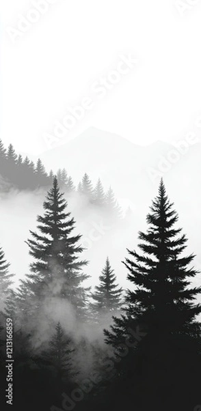 Fototapeta A black and white minimalist wallpaper of a foggy forest, with a foggy mountain and pine trees in the background