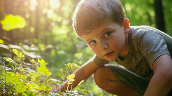 Fototapeta Curious boy crouching in the woods, observing wildflowers on a sunny day, exploring nature and discovering the beauty of the forest