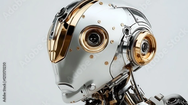 Fototapeta Retro robot with a shiny metallic finish and nostalgic look on white background