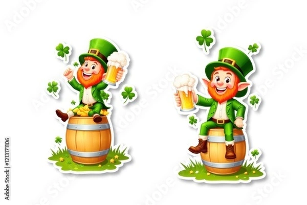 Fototapeta Sticker with a cheerful leprechaun sitting atop a beer keg holding a mug, surrounded by flying shamrocks on a white background, festive St. Patrick's Day design concept.