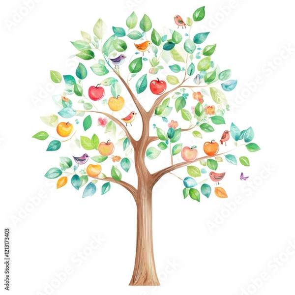 Fototapeta Apple Tree of Life: A vibrant watercolor illustration of a lush apple tree teeming with colorful apples, birds, and butterflies, symbolizing abundance, growth, and the beauty of nature.  