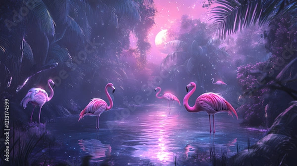 Obraz magical lagoon flamingos