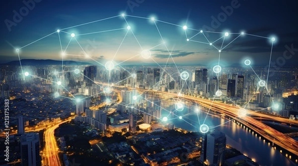 Obraz Night Cityscape with Network Connections