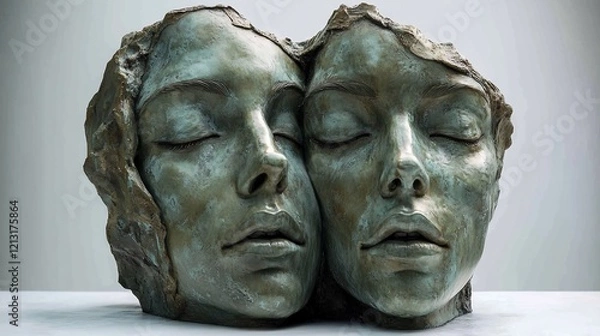 Fototapeta Serene bronze sculpture of two women's heads; peaceful background, art gallery setting; ideal for art websites