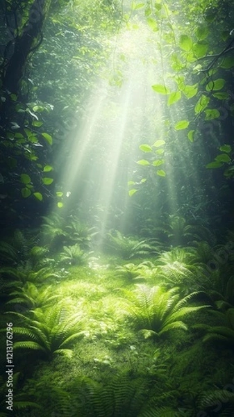 Fototapeta Lush forests undergrowth lushness concept. Sunlight filters through dense foliage, illuminating lush ferns in a serene, green forest.