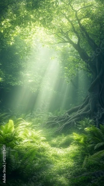 Fototapeta Lush forests undergrowth lushness concept. Lush forest scene illuminated by soft sunlight streaming through trees, creating a serene and tranquil atmosphere.
