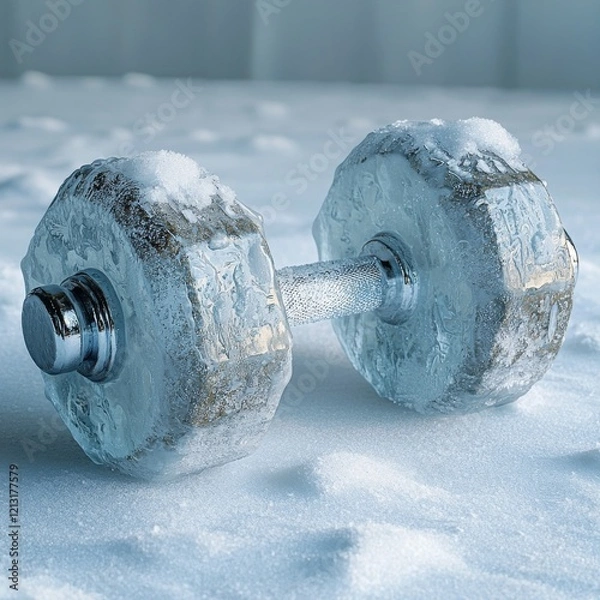 Fototapeta Chilling Workout: Frost-Covered Dumbbells on White Background Symbolizing Cold Exercise Regime