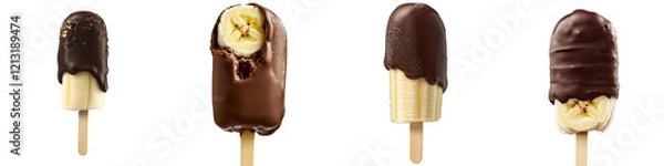 Fototapeta Chocolate-Covered Banana Pop – Frozen banana dipped in rich chocolate creating a sweet and healthy frozen snack. Isolated on Clear White Background Highly Detailed