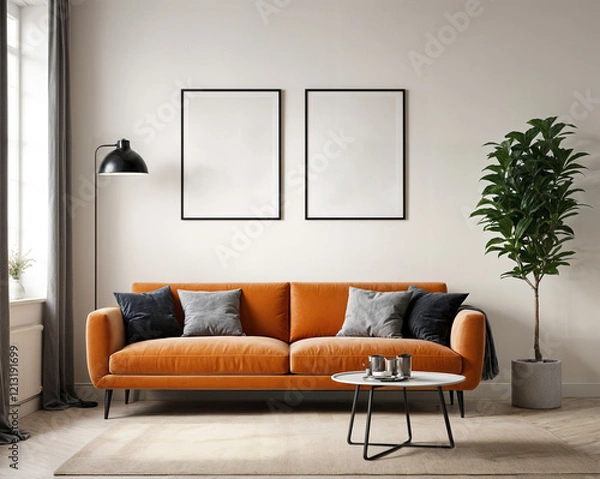Fototapeta Mockup poster frame on the wall of living room. A stylish reading nook in beige colors	