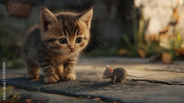 Fototapeta A small tabby kitten encounters a tiny mouse on a stone path in the garden