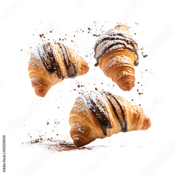 Fototapeta Flying Croissants with Chocolate Syrup on transparent background