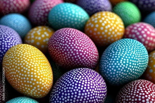 Fototapeta Bunch of colorful eggs with white spots on them