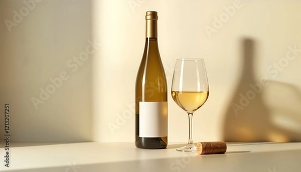 Obraz White wine bottle and glass sit on table. Cork rests beside them. Soft daylight casts subtle shadows. Minimalist style. Elegance and sophistication. Perfect for tasting or celebration. Luxury concept.