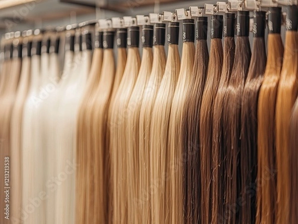 Fototapeta Close-Up of Hair Extensions in Various Shades on Display at a Hair Salon