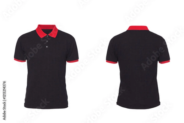Fototapeta red collar polo tee shirt set with front, back, and side views cutout in a white background. A mockup template for graphic design artwork.