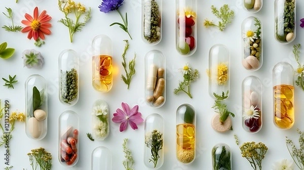 Obraz Close up of herbal supplements with flowers and fresh herbs inside transparent capsules top view