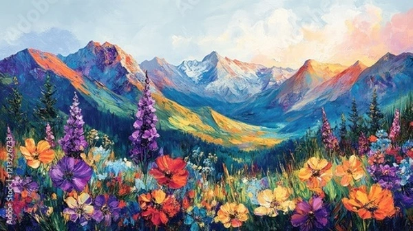 Fototapeta Breathtaking panoramic view of a majestic mountain range with towering peaks and a lush vibrant floral meadow in the foreground creating a serene and enchanting natural scene during the summer season
