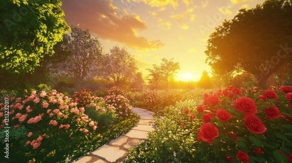 Fototapeta Sunset Garden Path: A Serene Rose Garden at Golden Hour