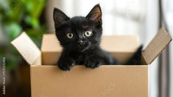 Fototapeta Adorable black kitten peering from a cardboard box, indoor setting.
