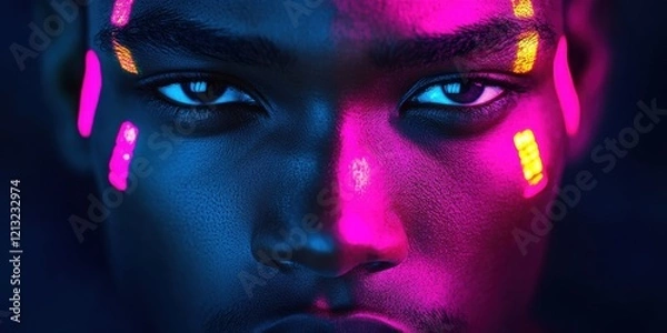 Fototapeta Vibrant Portrait: A striking close-up of a person with neon face paint under dramatic lighting, ideal for artistic projects.
