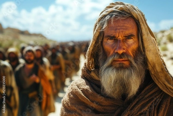 Fototapeta moses confidently leads a group of israelites through a vast desert dramatic skies overhead capturing the essence of faith and resilience during their biblical journey