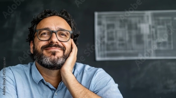 Fototapeta Creative professional contemplating ideas while seated against a dark backdrop with architectural blueprints