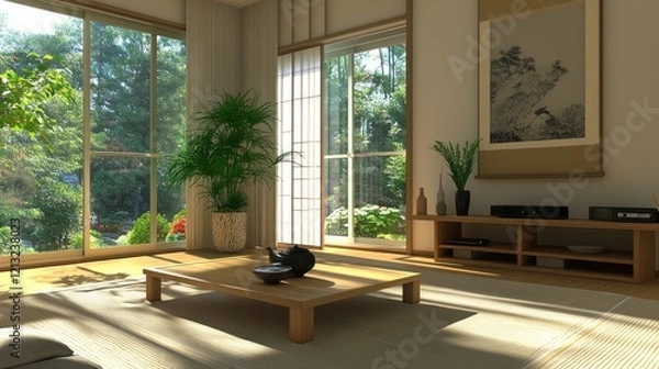Fototapeta Serene Japanese-Style Living Room with Garden View