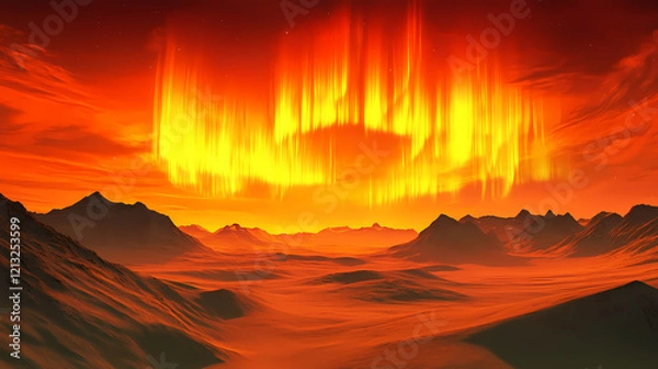 Fototapeta Desert landscape under an orange sky illuminated by a vivid aurora, undulating sand dunes in the foreground, long shadows, distant mountains silhouetted against the glow. Arctic Desert. Illustration