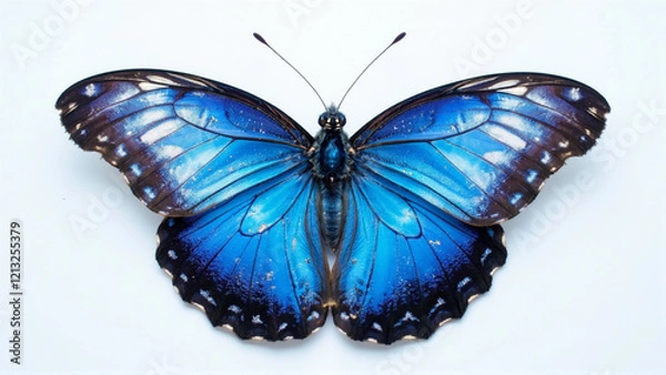 Fototapeta Giant Blue Morpho Butterfly On Isolated Blank White Background - Generative AI