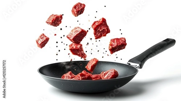 Fototapeta Juicy meat steaks landing in a hot frying pan with sizzling sound on white background