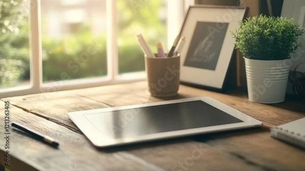 Fototapeta Tablet on rustic desk, sunlit window, home office, work