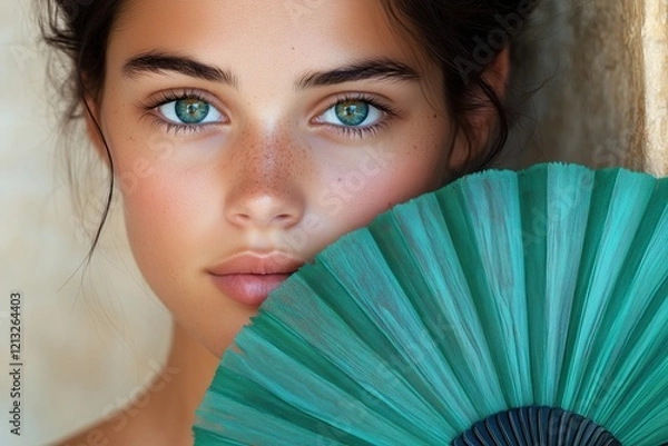 Fototapeta Woman holding a turquoise feathered fan with soft ambient light creating a mysterious atmosphere