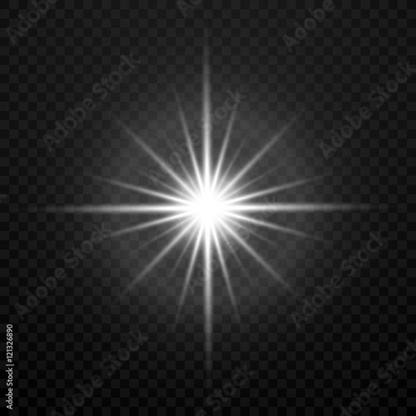 Fototapeta Vector white glowing transparent brightly light star burst explosion isolated on plaid backdrop