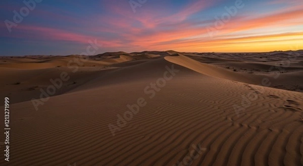 Fototapeta A serene desert with dunes forming intricate geometric shapes under a vivid twilight sky
