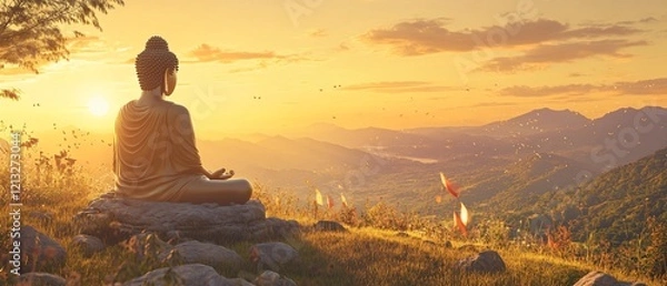 Fototapeta Buddha statue on hilltop with rocks, wild grass at sunset. Background with mountains.. Copy space. Generative AI