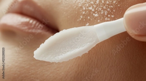 Fototapeta Woman's face, close-up, applying exfoliating cream, spa background