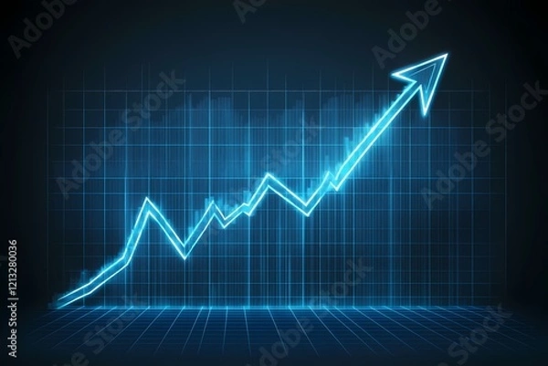 Fototapeta Glowing blue financial growth arrow chart on dark background.
