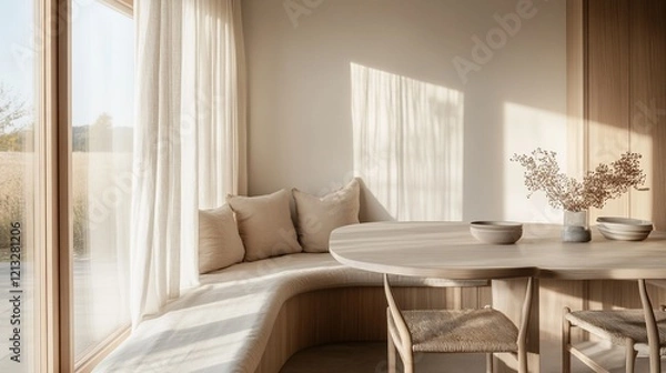 Fototapeta Sunlit window nook, curved bench seating, dining area, minimalist home interior design