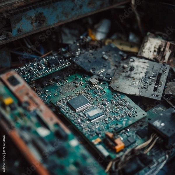 Fototapeta E-waste circuit boards recycling bin closeup