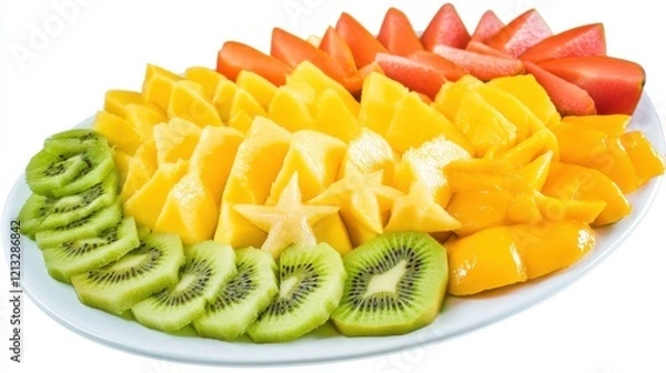 Fototapeta A refreshing fruit platter with a variety of sliced fruits including mango, pineapple, orange